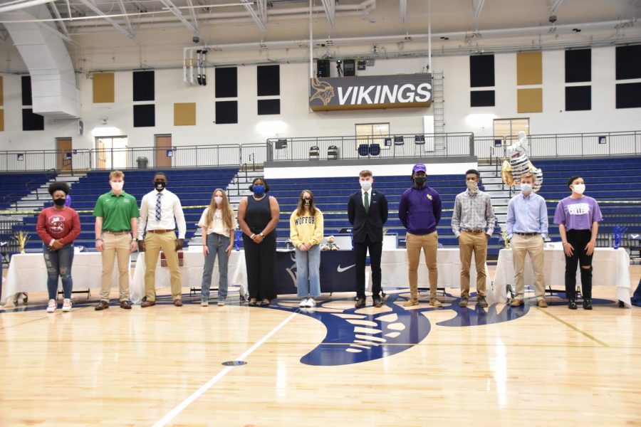 Viking student-athletes ready to sign their letters of intent to play at various colleges and universities.