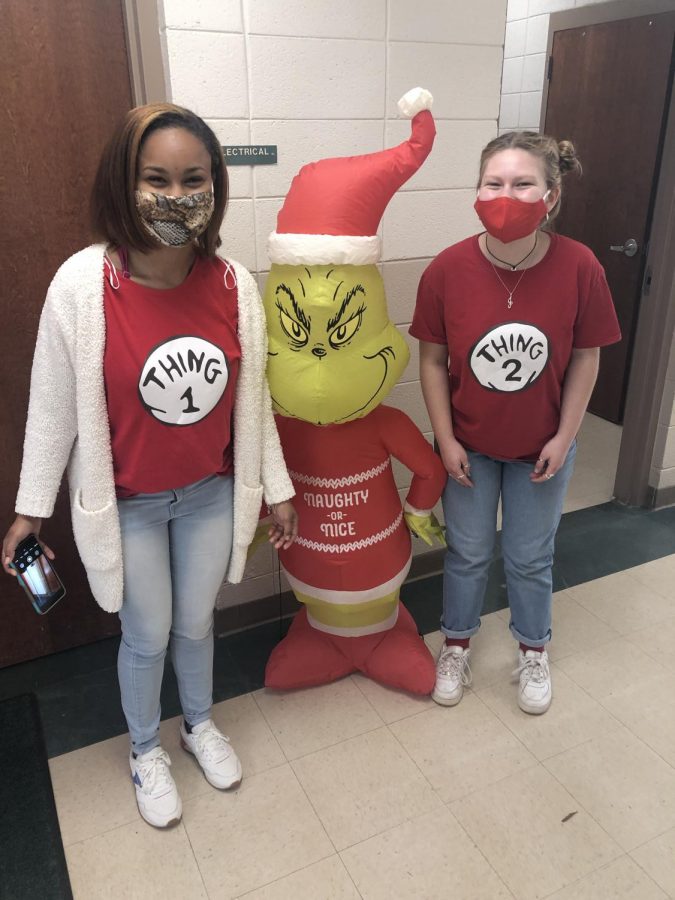 Teacher Cadets Mattie Moore (12) and Mac Smith (12) dress as Thing 1 and Thing 2 to help celebrate Dr. Seuss Day at Pine Street School.