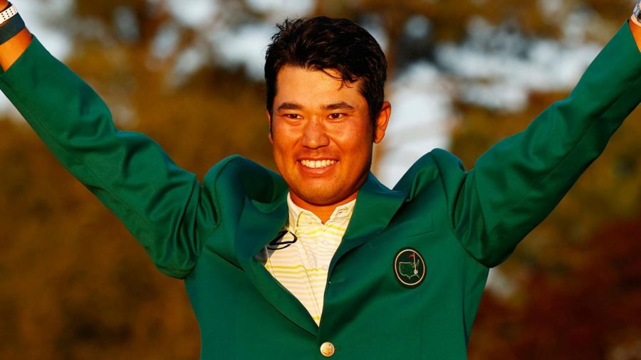 After+winning+the+2021+Masters+Tournament%2C+Hideki+Matsuyama+celebrates+in+his+Green+Jacket.