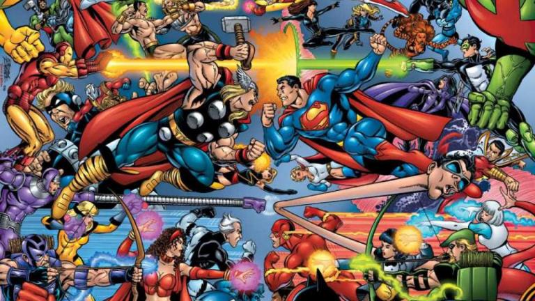 Comic book drawing of DC vs Marvel superheroes.