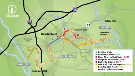 The Dan and existing trail routes in Spartanburg displayed on a map.
