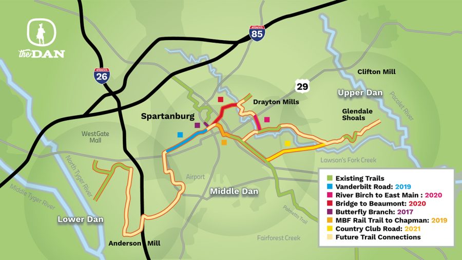 The+Dan+and+existing+trail+routes+in+Spartanburg+displayed+on+a+map.