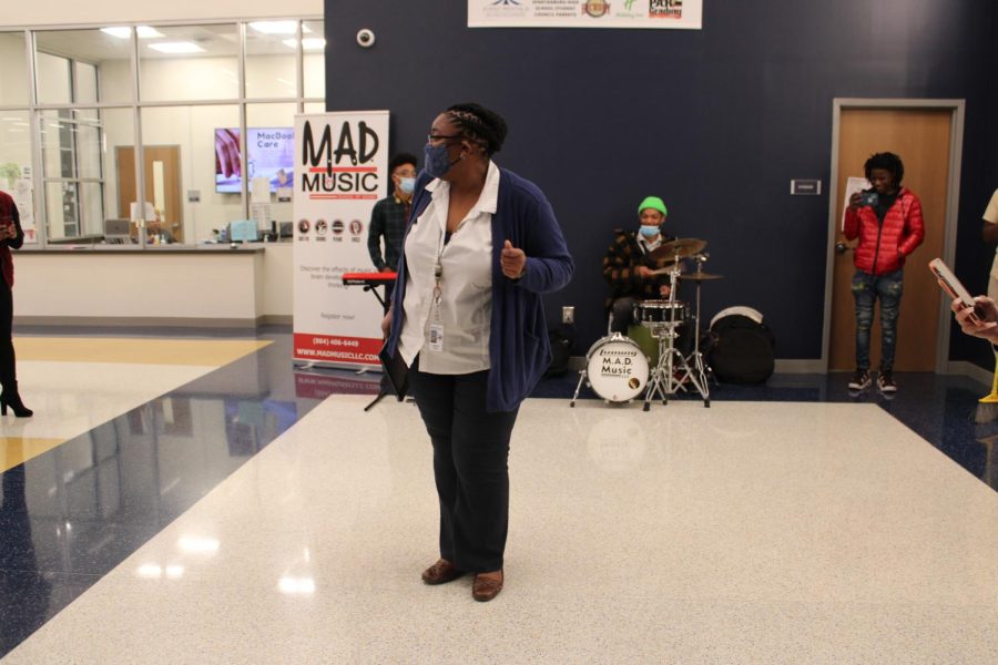 AVID teacher Natashia Mullins busts a move in front of Valhalla.