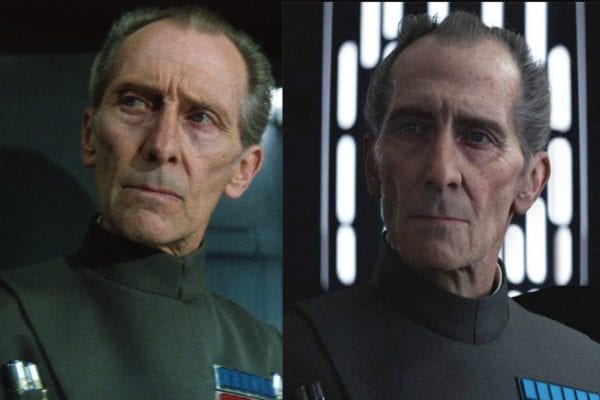 Peter Cushing in 1977 as compared to the CGI version of himself in 2016.