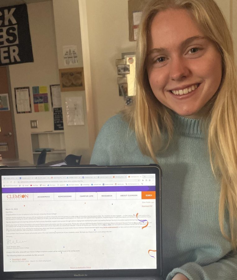 Ellen Fields (12) excited about receiving her acceptance letter from Clemson, a school she applied to.