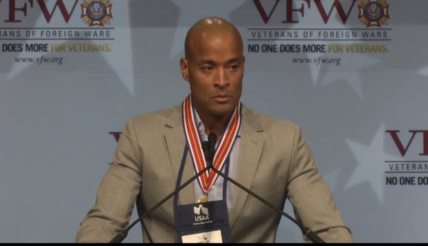 Influencer David Goggins gives a speech after winning the VFW (Veterans of Foreign Wars) Americanism Award at the 2018 VFW Public Recognition Ceremony in Kansas City.