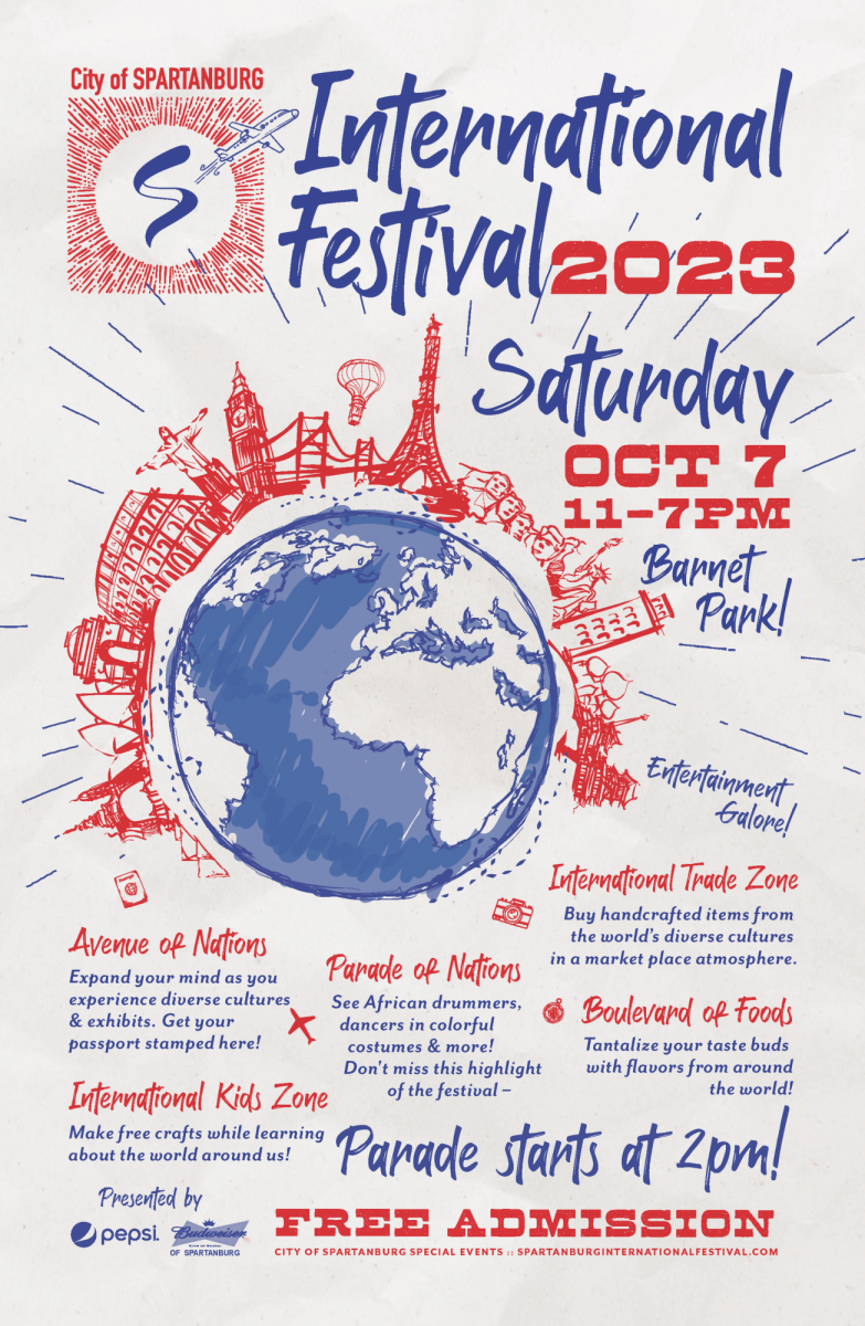 International Festival flyer inviting Spartanburg residents to join the fun at Barnet Park.