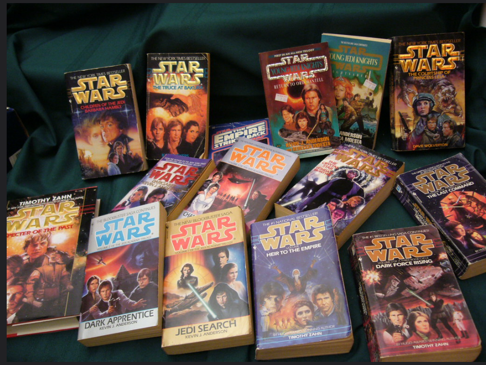 A collection of Star Wars books, showing how big the series is.
