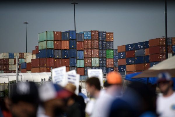 Dockworkers strike at a Bay-area port.