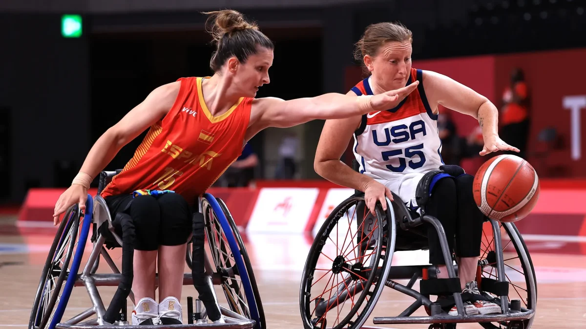 The USA Women's wheelchair basketball team competing against Spain in the 2024 Paris Paralympics.