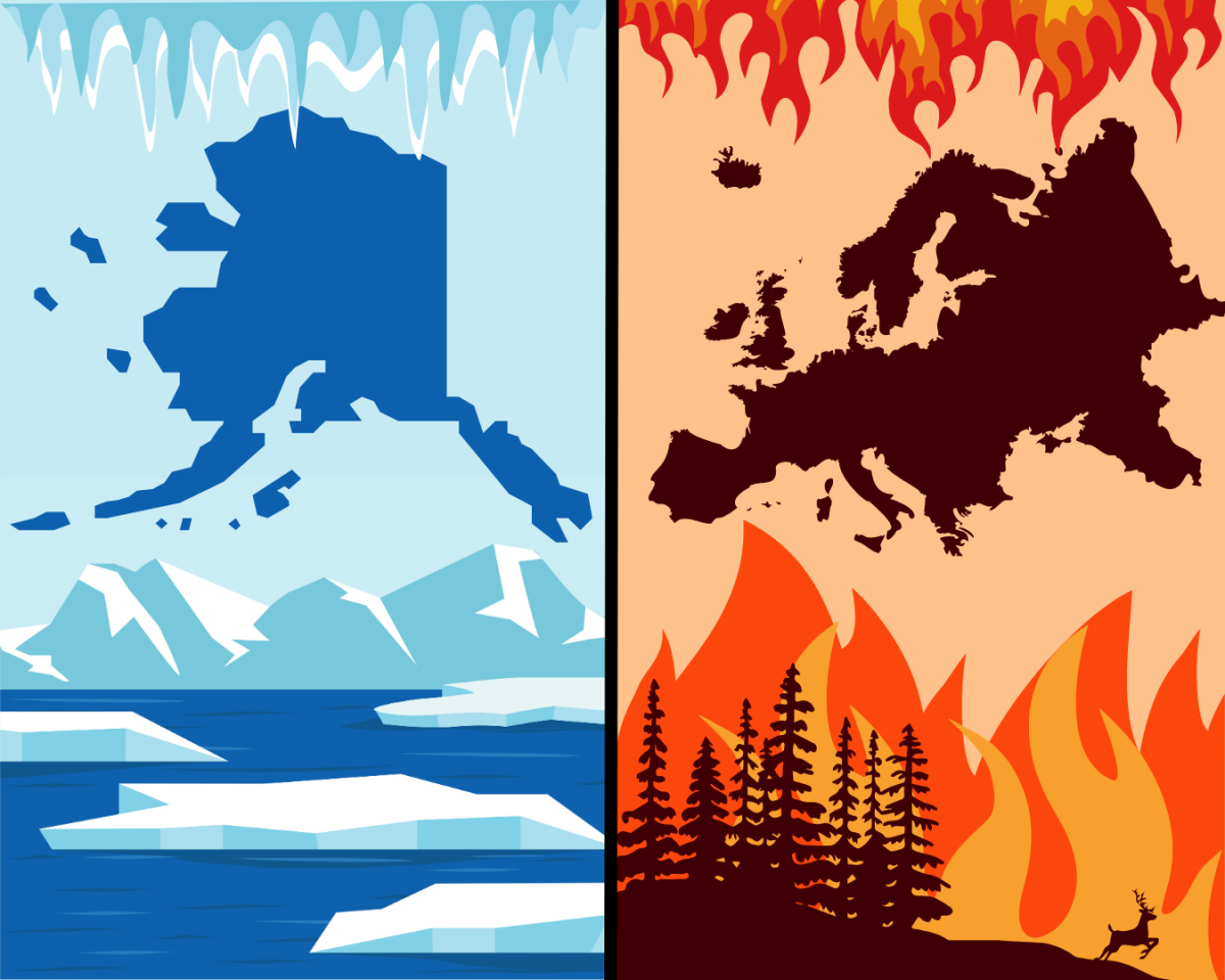  A graphic representing the glacial flooding in Alaska and fires in Southern Europe. 