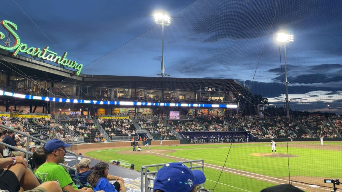 An evening game under the lights at Fifth Third Park shows the Spartanburgers making their way toward a victory.