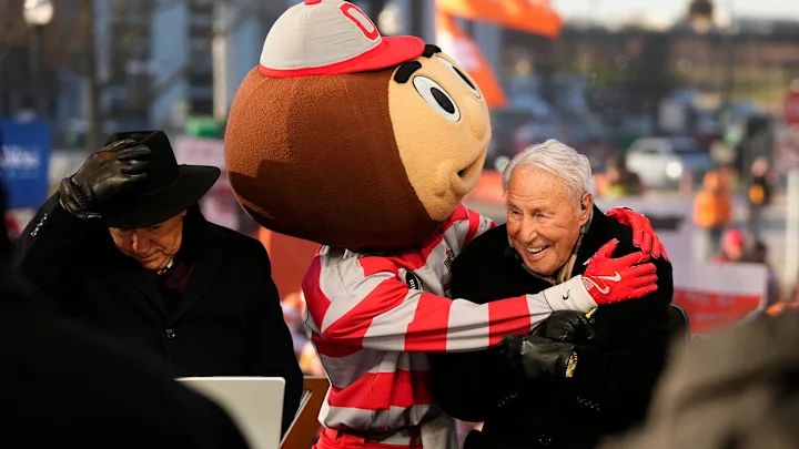 Ohio State Buckeye mascot and Lee Corso on set at the College Football Playoffs for the 2024 season.