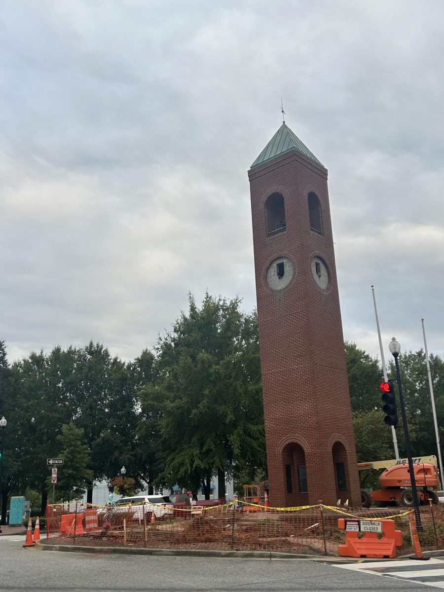 The Morgan Square Clock Tower undergoes construction for new development plans.