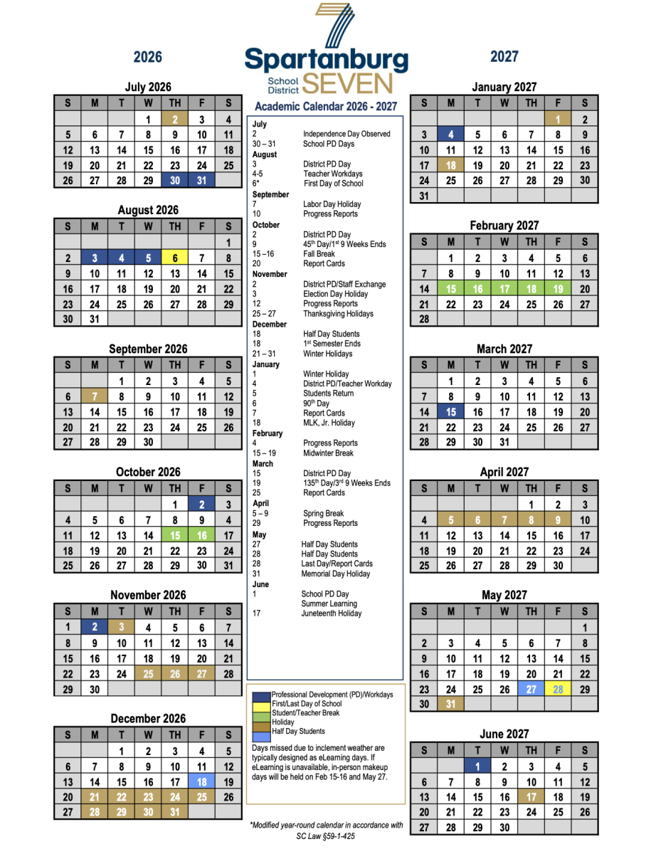Spartanburg High School provides parents with a color-coded calendar for the school years. 

 